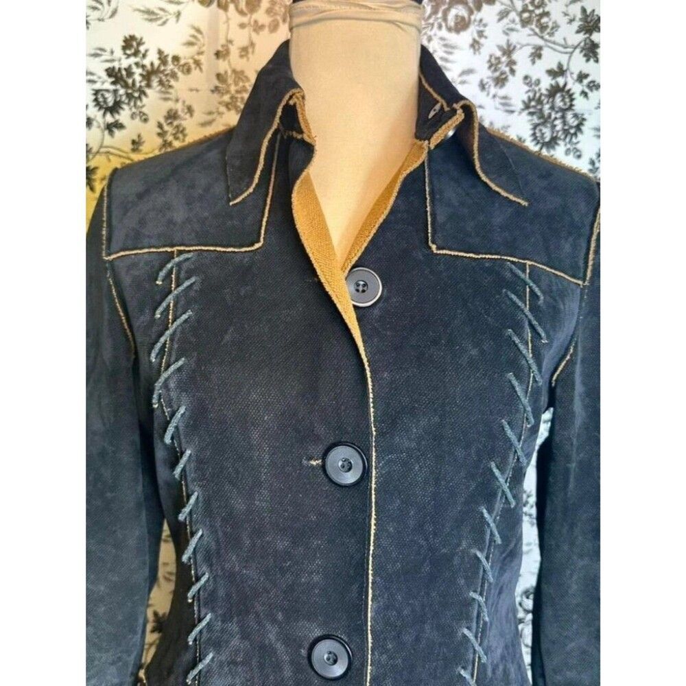 Pretty Black Embroidered Long Coat Jacket Women's Size 2 - Picture 7 of 9